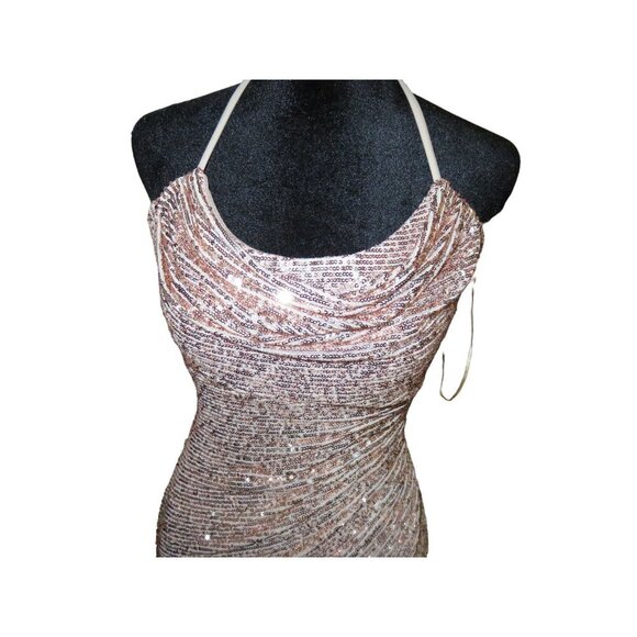 Morgan & Co Gorgeous Gold Sequined Cowl Neck Strappy Evening Gown Dress sz 1 - Picture 3 of 10